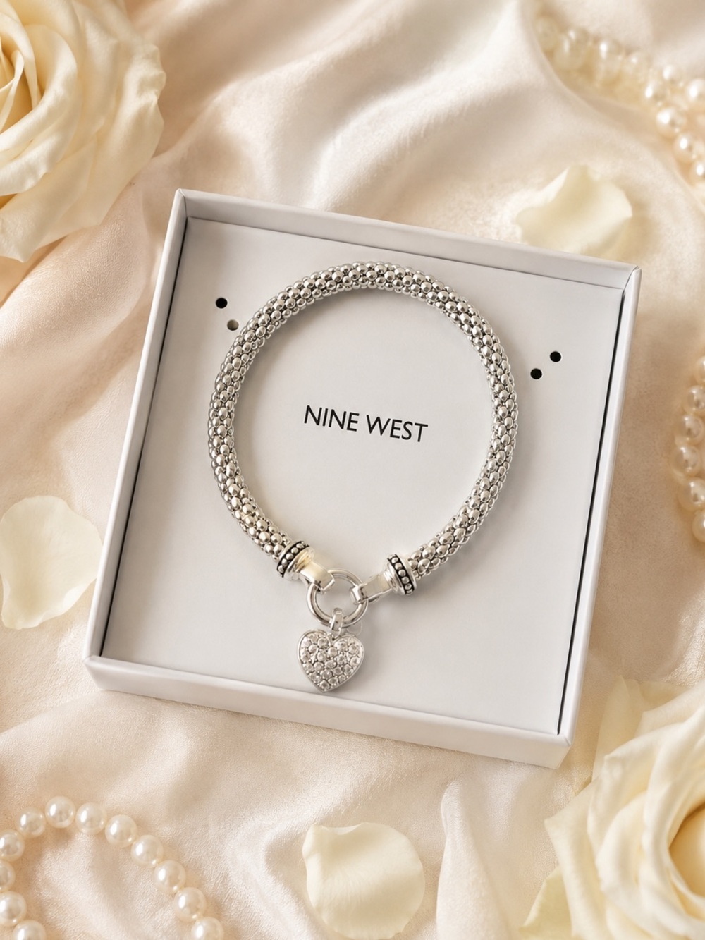 NEW Nine West Popcorn Chain Silver Pave Heart Charm Bracelet - Silver Tone